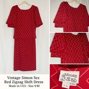 Vintage Simon Sez Dress Medium, Red Chevron Blouson Knee Length, Made in USA 🇺🇸